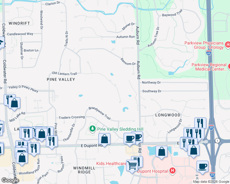 map of restaurants, bars, coffee shops, grocery stores, and more near 10807 Old Colony Rd in Fort Wayne
