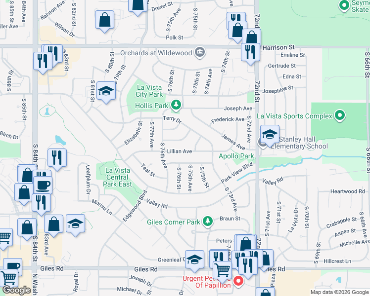 map of restaurants, bars, coffee shops, grocery stores, and more near 7516 Lillian Avenue in La Vista