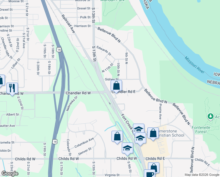 map of restaurants, bars, coffee shops, grocery stores, and more near 1403 Fort Crook Road North in Bellevue