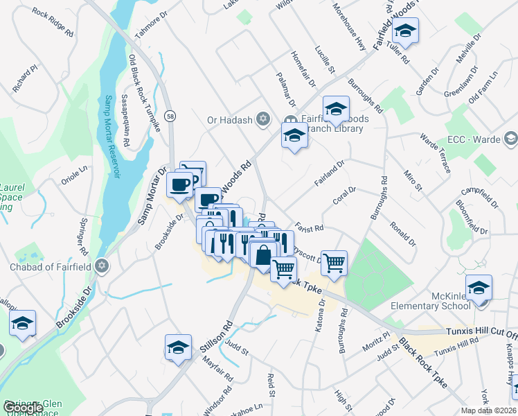 map of restaurants, bars, coffee shops, grocery stores, and more near 185 Stillson Road in Fairfield