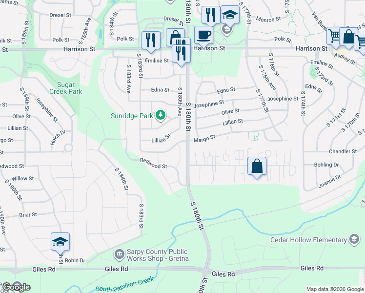 map of restaurants, bars, coffee shops, grocery stores, and more near 17912 Storage Road in Omaha
