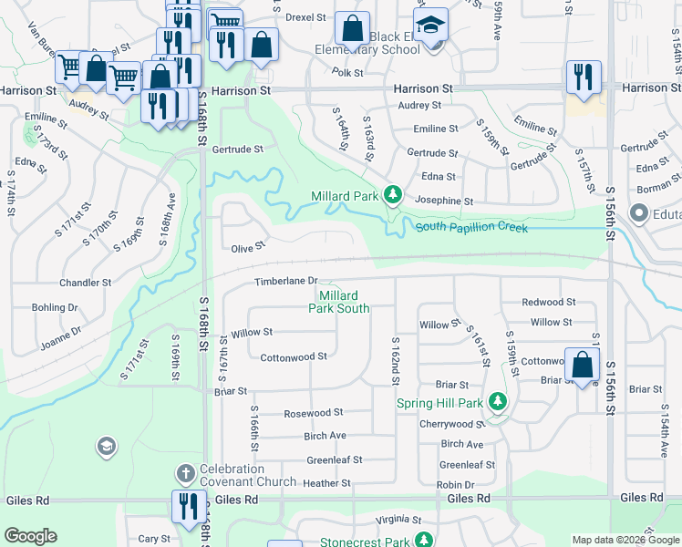 map of restaurants, bars, coffee shops, grocery stores, and more near 16408 Timberlane Drive in Omaha