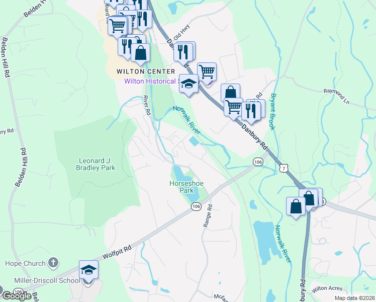 map of restaurants, bars, coffee shops, grocery stores, and more near 47 Wilton Crest in Wilton