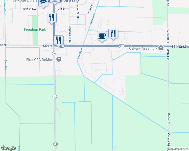 map of restaurants, bars, coffee shops, grocery stores, and more near 1813 Daisy Street Southeast in De Motte