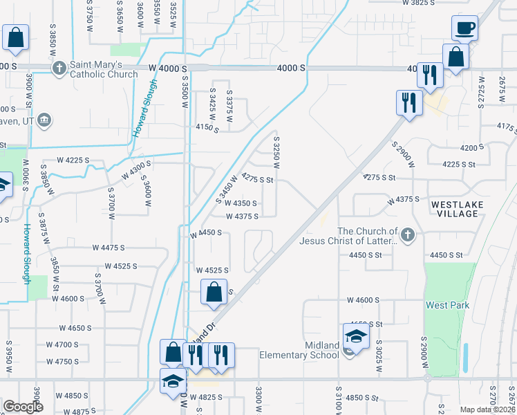map of restaurants, bars, coffee shops, grocery stores, and more near 3309 West 4350 South in West Haven