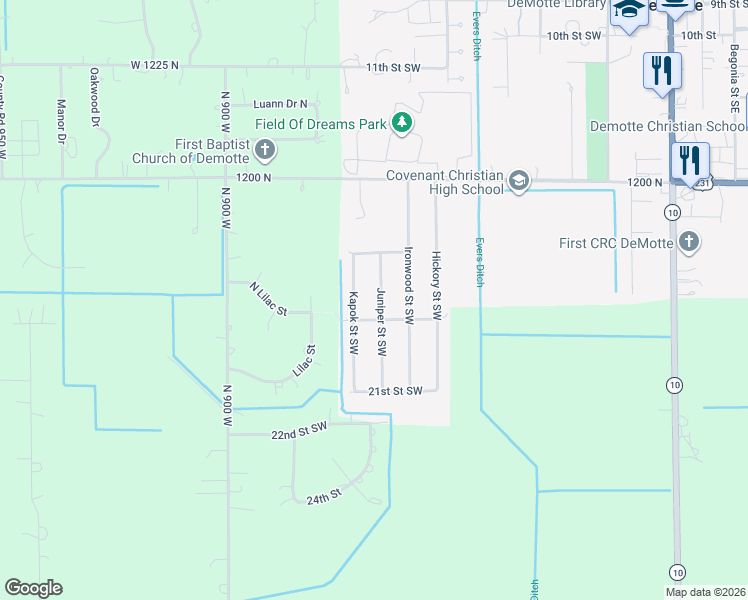 map of restaurants, bars, coffee shops, grocery stores, and more near 1818 Juniper Street Southwest in De Motte