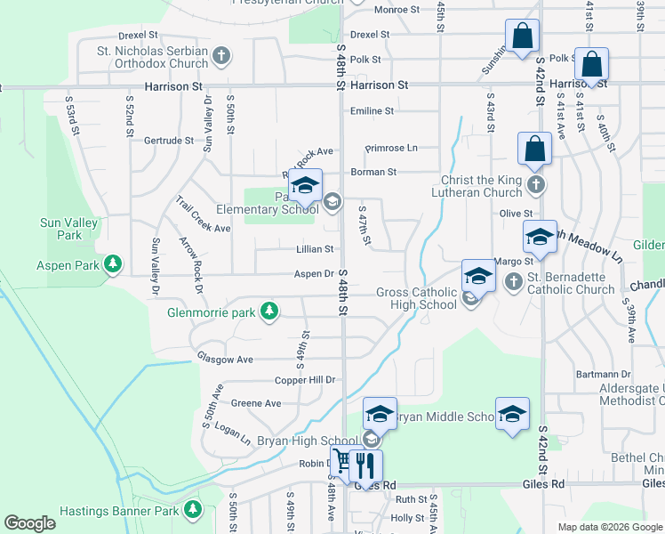 map of restaurants, bars, coffee shops, grocery stores, and more near 4801 Aspen Drive in Omaha