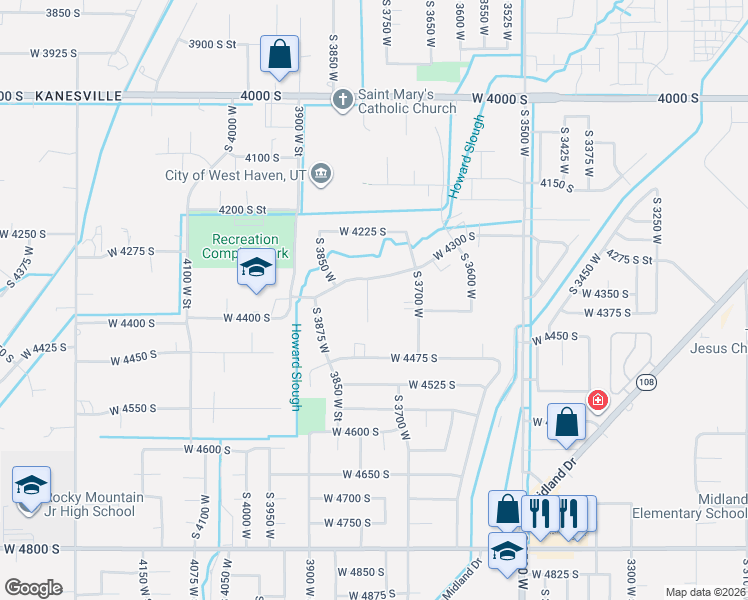 map of restaurants, bars, coffee shops, grocery stores, and more near 4360 South 3800 West in West Haven