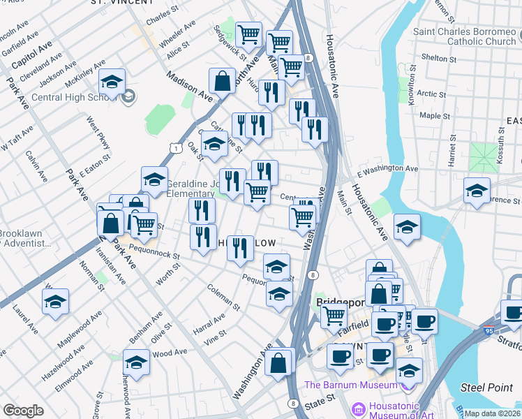map of restaurants, bars, coffee shops, grocery stores, and more near 181 Lexington Avenue in Bridgeport