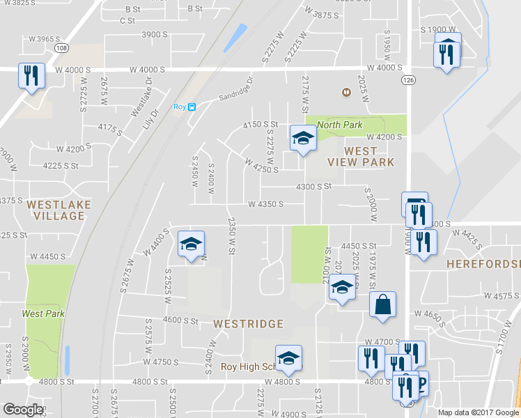 map of restaurants, bars, coffee shops, grocery stores, and more near 2295 West 4350 South in Roy