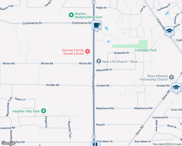 map of restaurants, bars, coffee shops, grocery stores, and more near 4376 Darrow Road in Stow