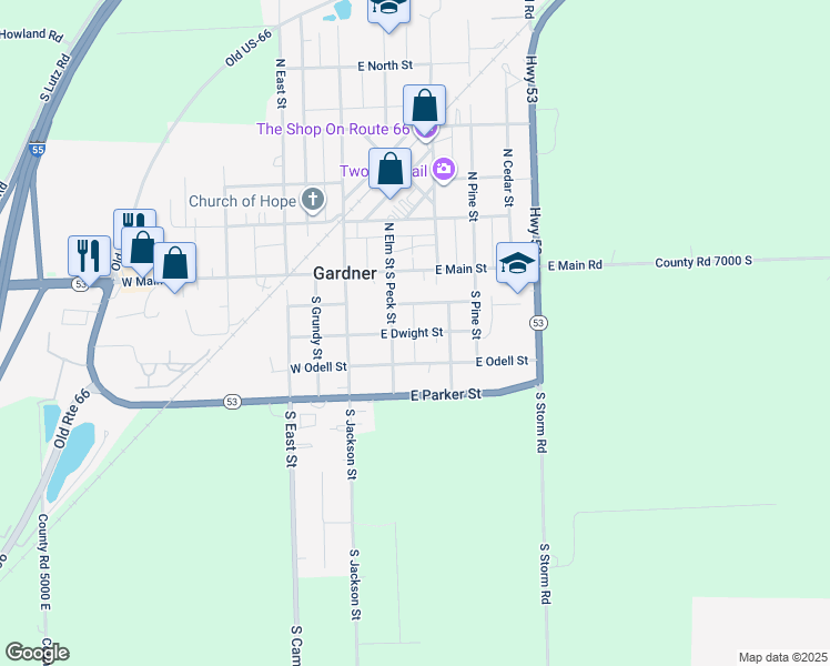 map of restaurants, bars, coffee shops, grocery stores, and more near East Dwight Street in Gardner