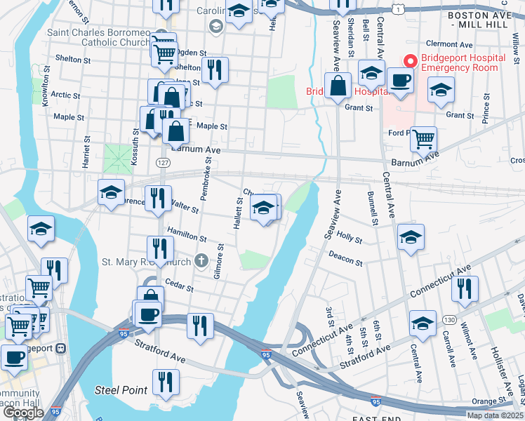 map of restaurants, bars, coffee shops, grocery stores, and more near 219 Martin Luther King Drive in Bridgeport