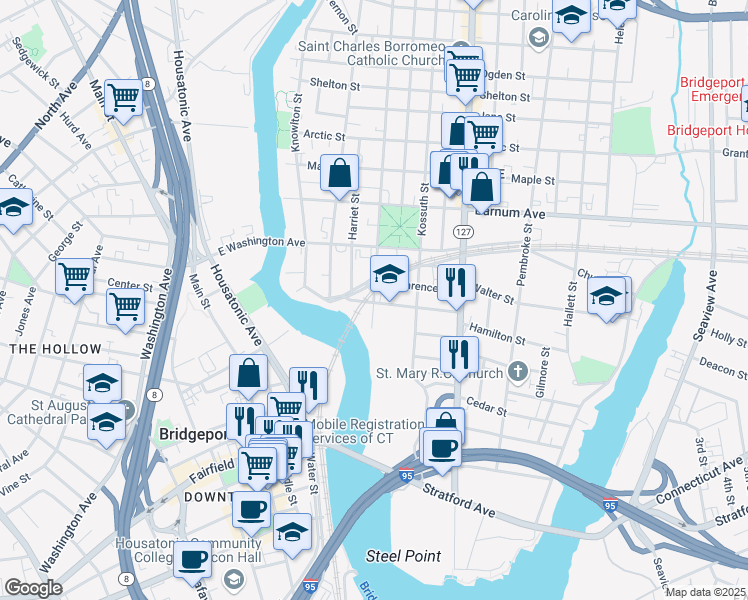 map of restaurants, bars, coffee shops, grocery stores, and more near 125 Pulaski Street in Bridgeport