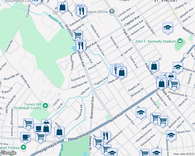 map of restaurants, bars, coffee shops, grocery stores, and more near 134 Hughes Avenue in Bridgeport