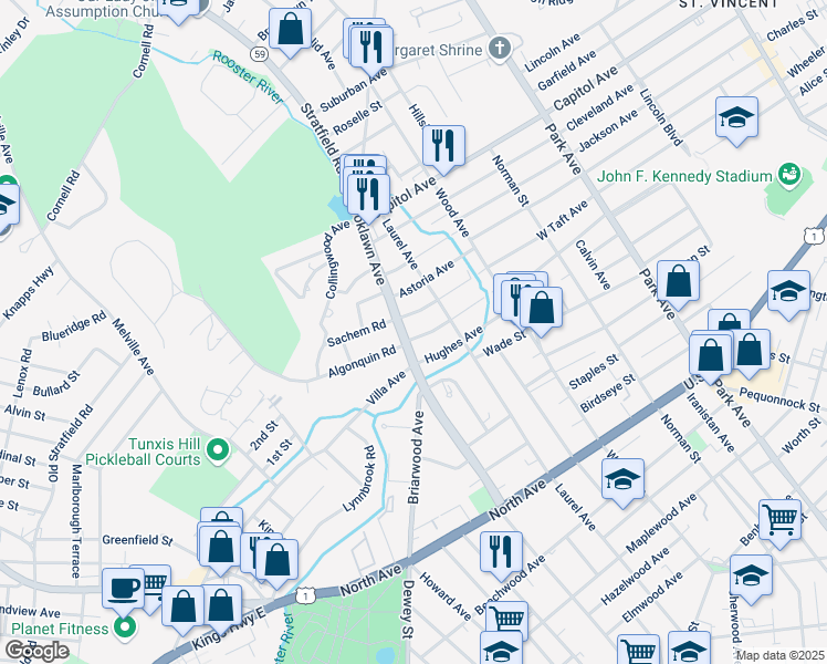 map of restaurants, bars, coffee shops, grocery stores, and more near 175 Brooklawn Avenue in Bridgeport