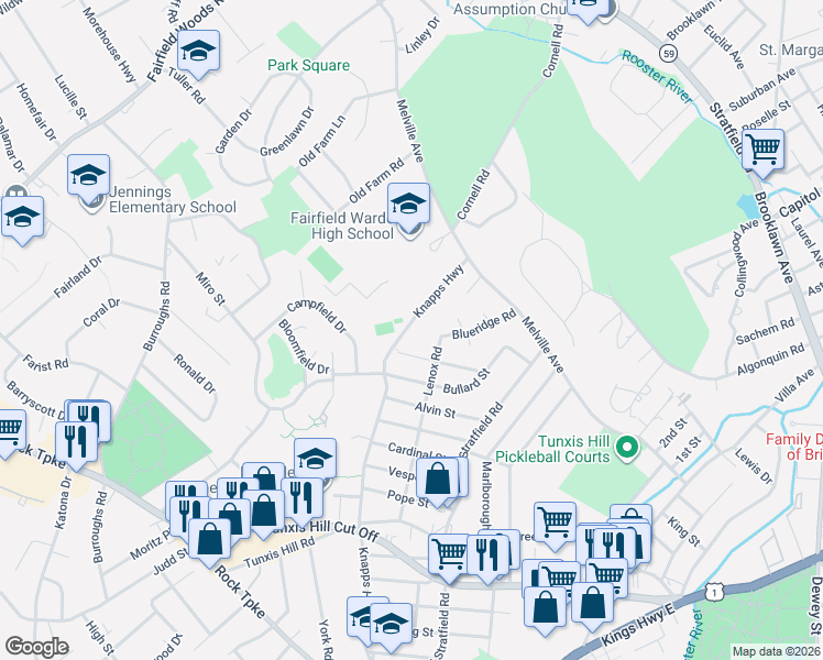 map of restaurants, bars, coffee shops, grocery stores, and more near 225 Knapps Highway in Fairfield