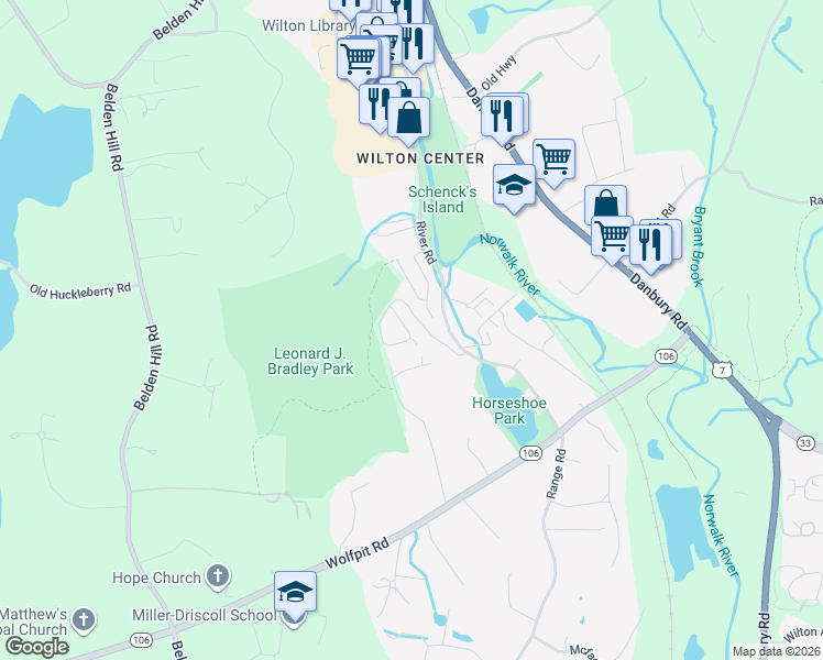 map of restaurants, bars, coffee shops, grocery stores, and more near 127 River Road in Wilton