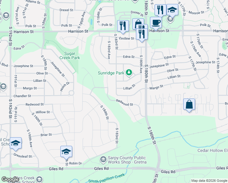 map of restaurants, bars, coffee shops, grocery stores, and more near 7416 South 183rd Street in Omaha