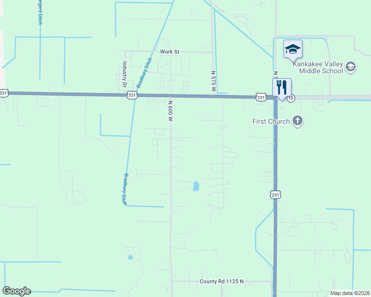map of restaurants, bars, coffee shops, grocery stores, and more near 11733 North County Road 600 West in Wheatfield