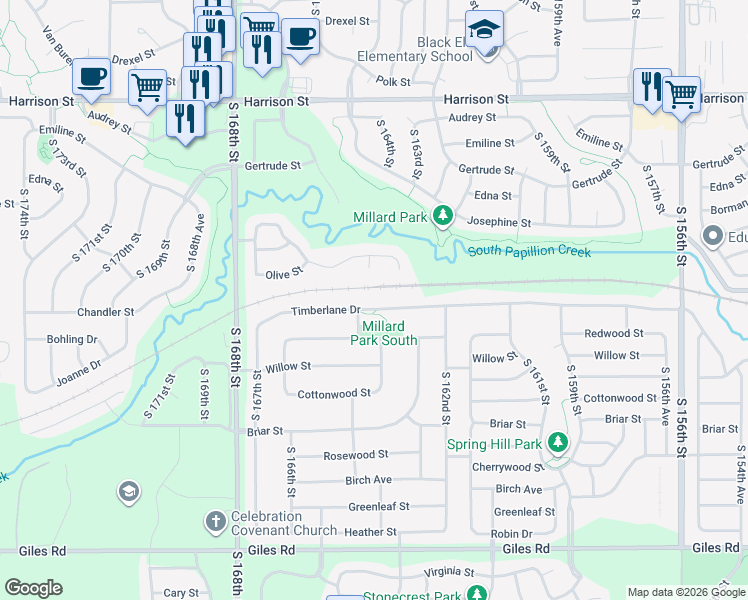map of restaurants, bars, coffee shops, grocery stores, and more near 16408 Timberlane Drive in Omaha
