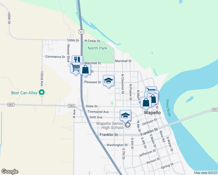 map of restaurants, bars, coffee shops, grocery stores, and more near 505 North Cedar Street in Wapello