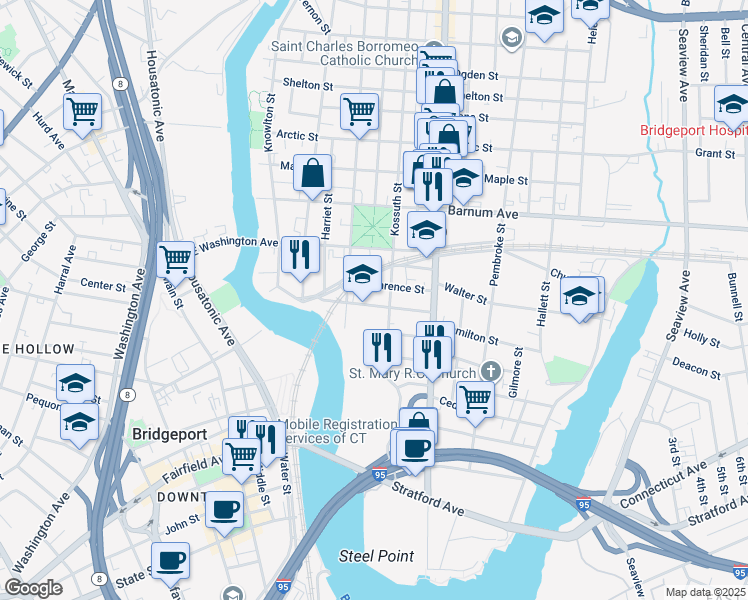 map of restaurants, bars, coffee shops, grocery stores, and more near 195 Pulaski Street in Bridgeport