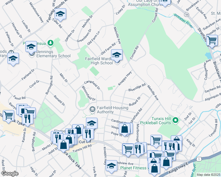map of restaurants, bars, coffee shops, grocery stores, and more near 755 Melville Avenue in Fairfield