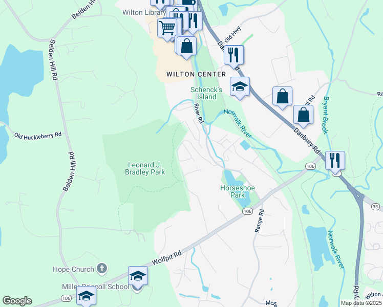 map of restaurants, bars, coffee shops, grocery stores, and more near 127 River Road in Wilton