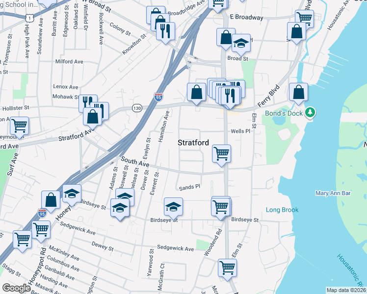 map of restaurants, bars, coffee shops, grocery stores, and more near 195 Holmes Street in Stratford