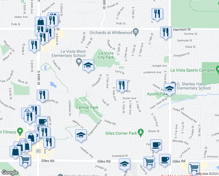 map of restaurants, bars, coffee shops, grocery stores, and more near 7427 South 77th Avenue in La Vista