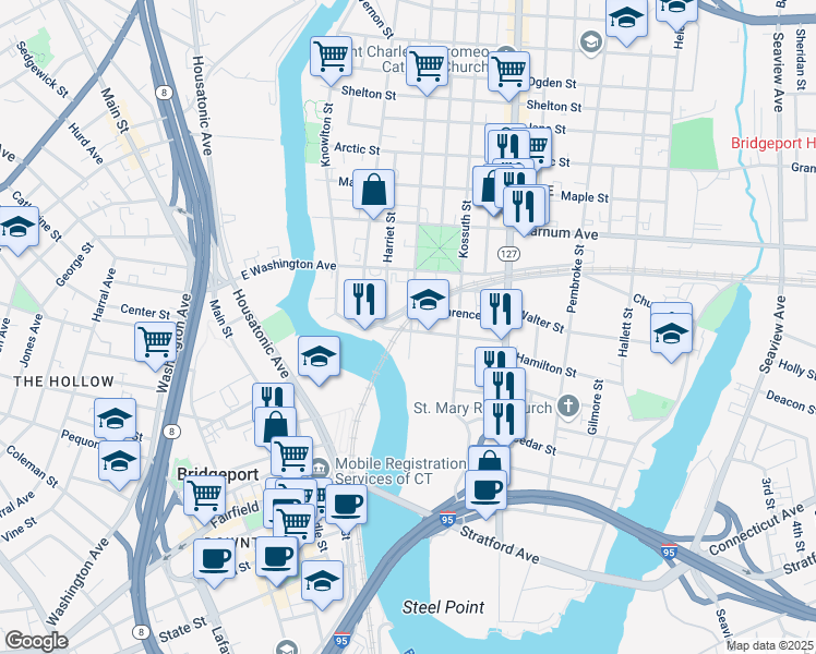 map of restaurants, bars, coffee shops, grocery stores, and more near 125 Pulaski Street in Bridgeport