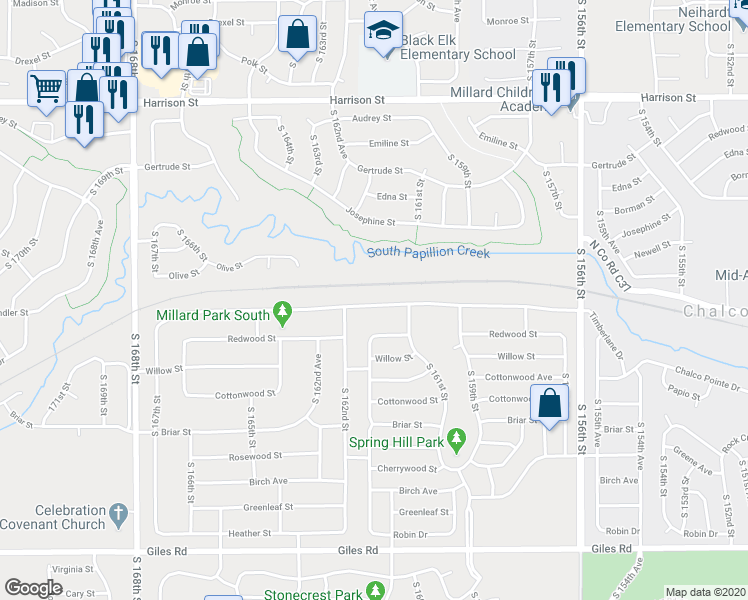 map of restaurants, bars, coffee shops, grocery stores, and more near 16122 Timberlane Drive in Omaha