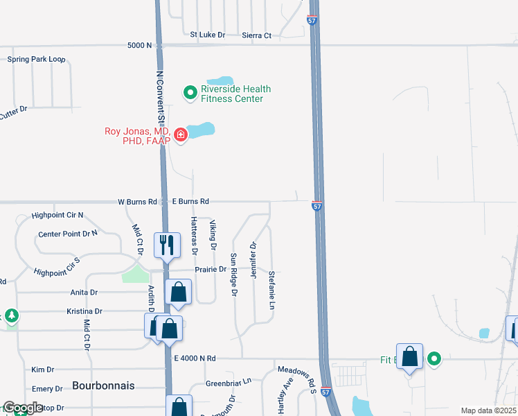 map of restaurants, bars, coffee shops, grocery stores, and more near 1675 Sun Ridge Drive in Bourbonnais