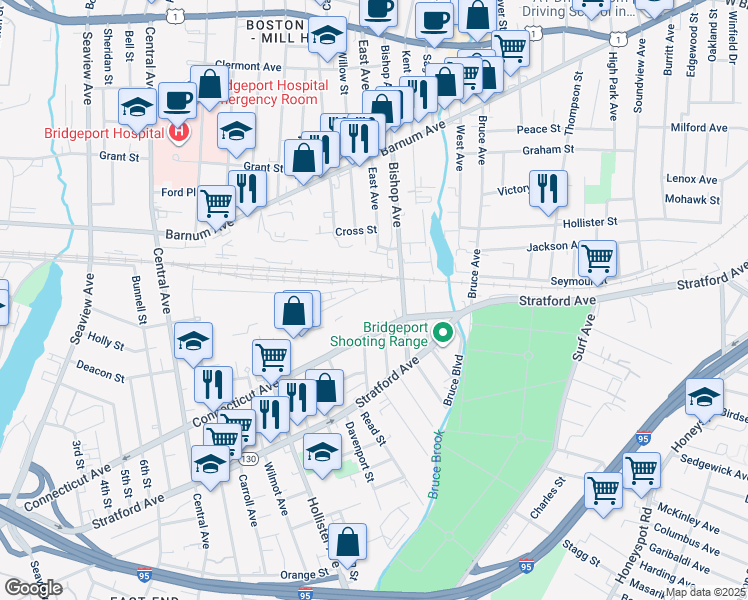 map of restaurants, bars, coffee shops, grocery stores, and more near 1085 Connecticut Avenue in Bridgeport