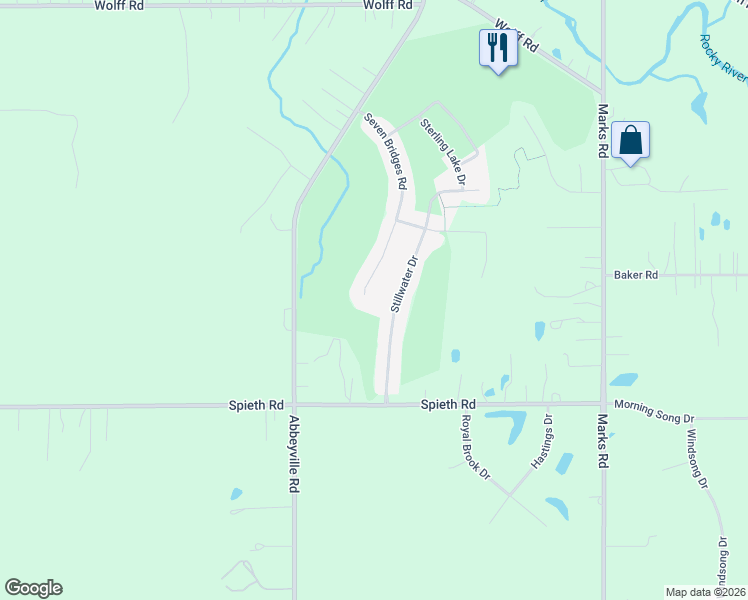 map of restaurants, bars, coffee shops, grocery stores, and more near 3295 Seven Bridges Road in Medina