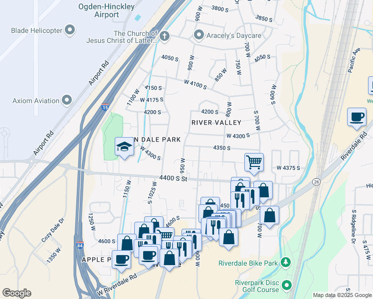 map of restaurants, bars, coffee shops, grocery stores, and more near 4358 South 950 West Street in Riverdale