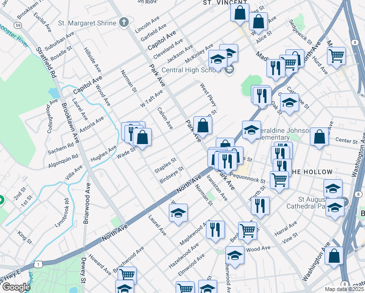 map of restaurants, bars, coffee shops, grocery stores, and more near 61 Merchant Street in Bridgeport