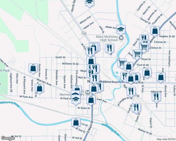 map of restaurants, bars, coffee shops, grocery stores, and more near 21 Maple Street in Niles