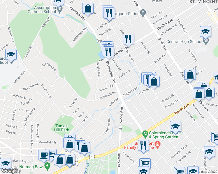 map of restaurants, bars, coffee shops, grocery stores, and more near 49 Sachem Road in Fairfield