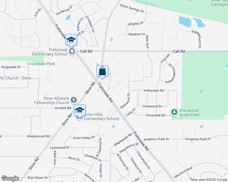 map of restaurants, bars, coffee shops, grocery stores, and more near 4887 Fishcreek Road in Stow