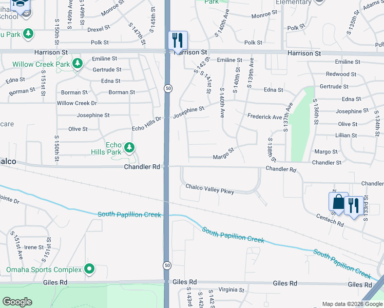 map of restaurants, bars, coffee shops, grocery stores, and more near 14117 Margo Street in Omaha