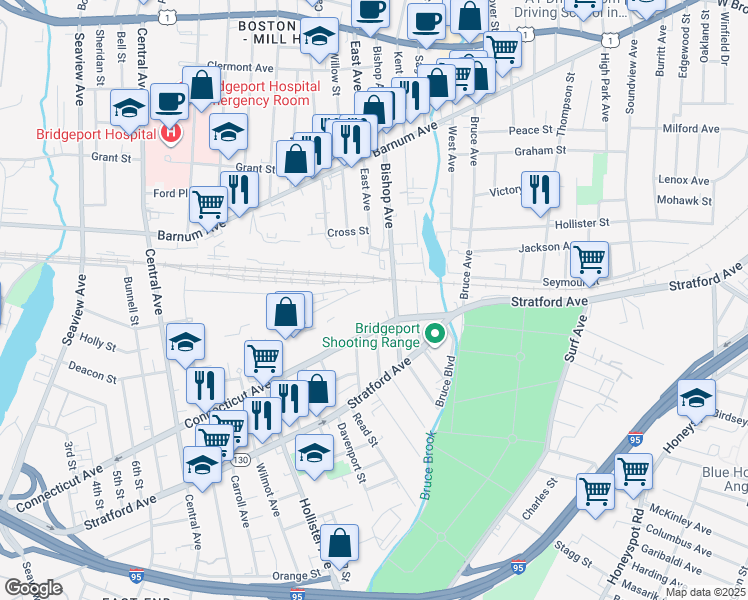 map of restaurants, bars, coffee shops, grocery stores, and more near 1085 Connecticut Avenue in Bridgeport