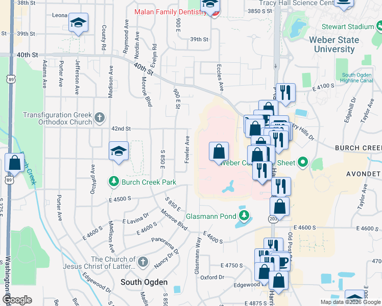 map of restaurants, bars, coffee shops, grocery stores, and more near 4401 Harrison Boulevard in Ogden