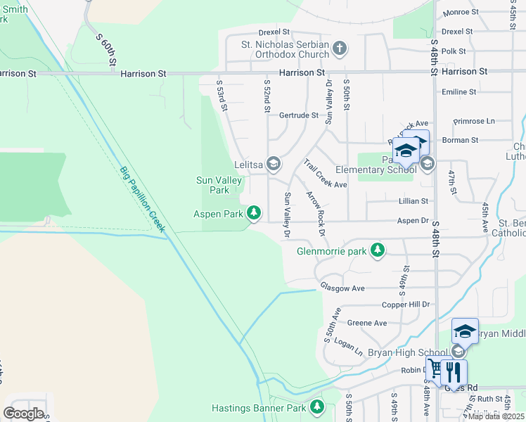 map of restaurants, bars, coffee shops, grocery stores, and more near 7610 South 52nd Street in Omaha