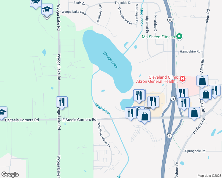 map of restaurants, bars, coffee shops, grocery stores, and more near 657 East Steels Corners Road in Stow