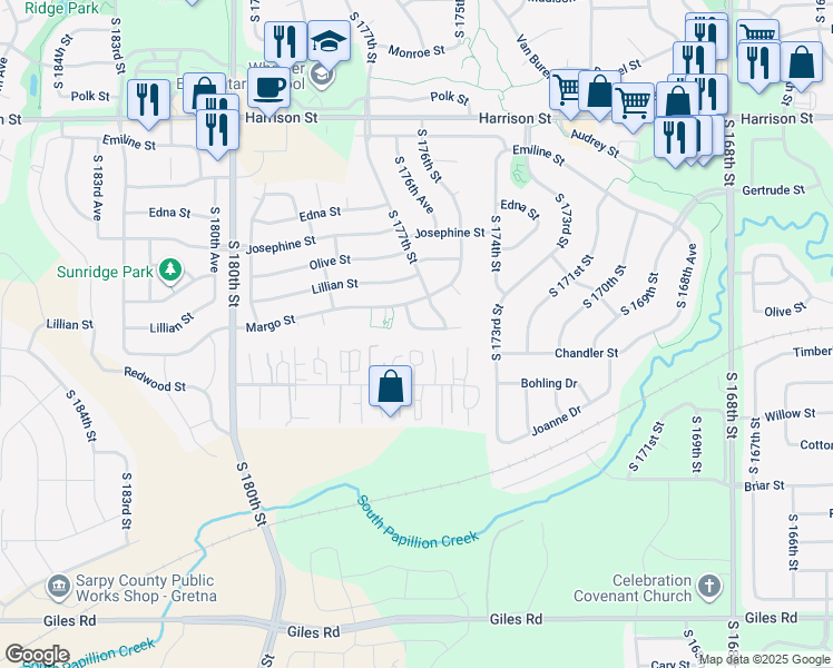 map of restaurants, bars, coffee shops, grocery stores, and more near 17729 Chandler Street in Omaha