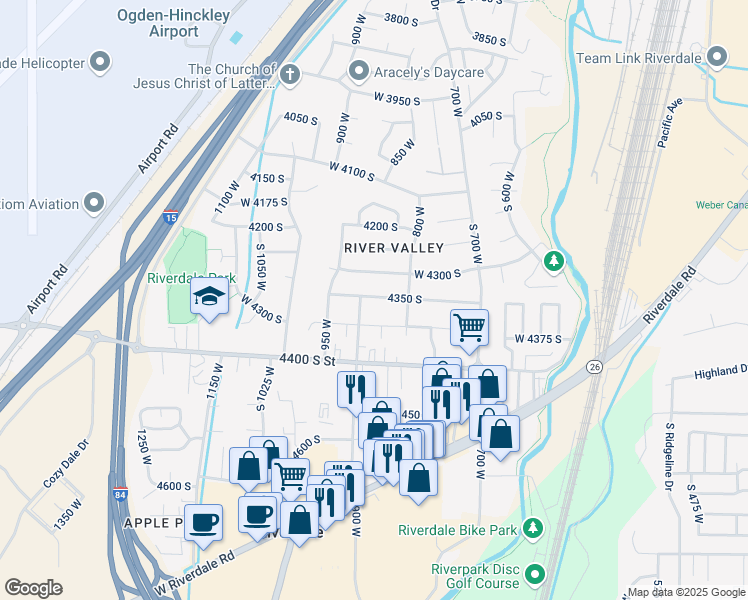 map of restaurants, bars, coffee shops, grocery stores, and more near 4362 900 West in Riverdale