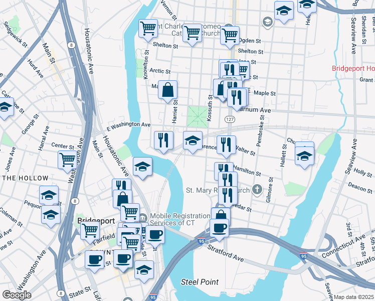 map of restaurants, bars, coffee shops, grocery stores, and more near 202 Noble Avenue in Bridgeport
