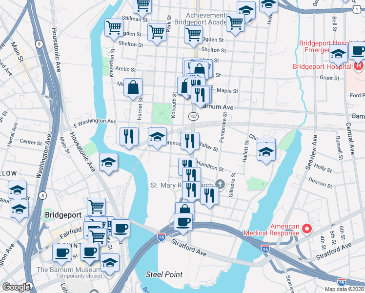 map of restaurants, bars, coffee shops, grocery stores, and more near 279 Pulaski Street in Bridgeport